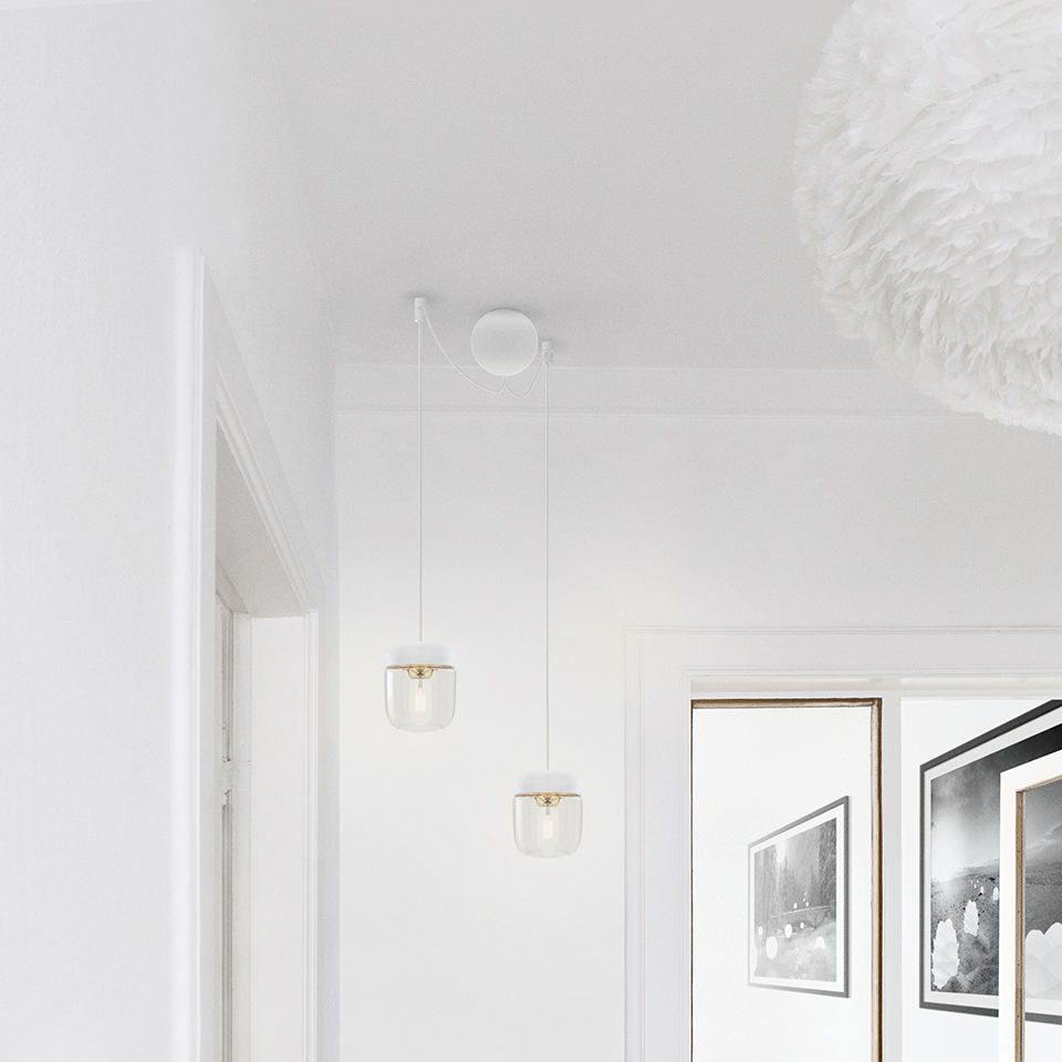 Canonball Cluster 2, baldakin med 2 x ledning og fatning E27, hvid • UMAGE