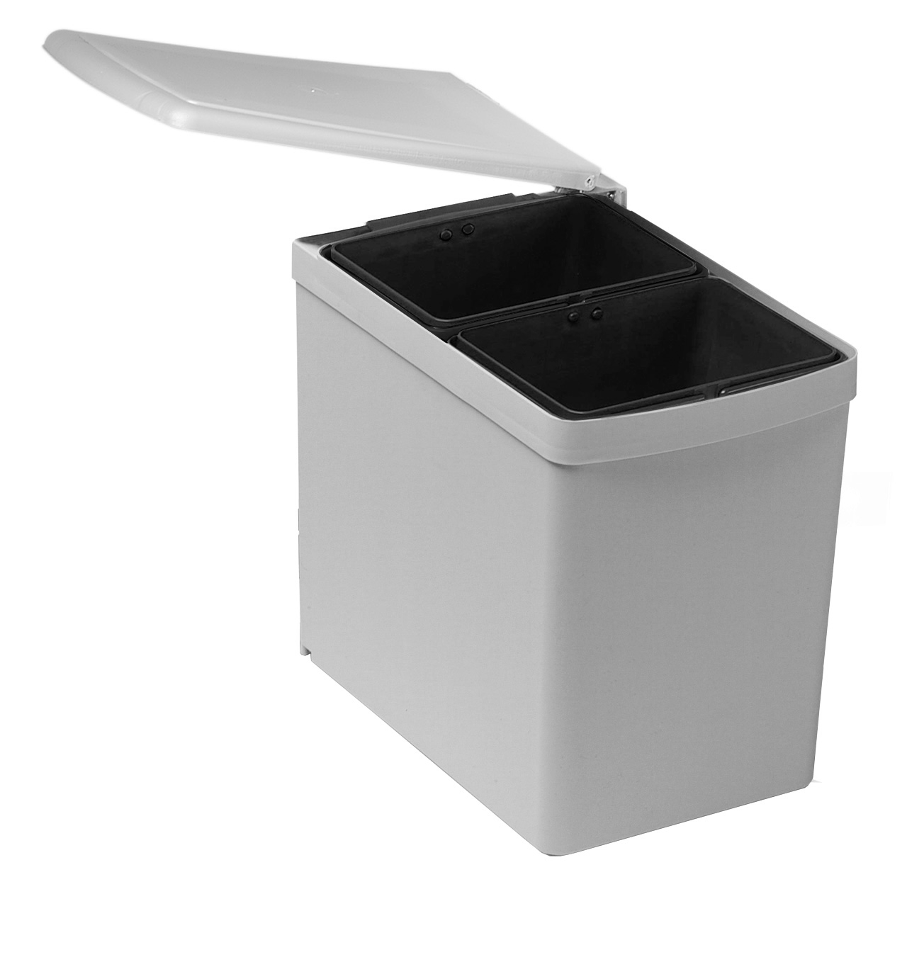 Affaldsspand i grå plast med to sorteringsspande. Her ses spanden med åben låg.