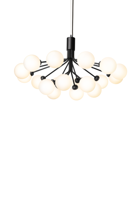 Lysekrone bestående af runde skærme i opalglas samt sort krone, på hvid baggrund