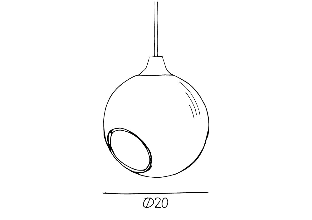 Produkt tegning. Rund lampe i lilla glas med et afskåret stykke med guldkant og kig til pæren. Fatning og rosetten er guldfarvet og ledningen er af sort stof.