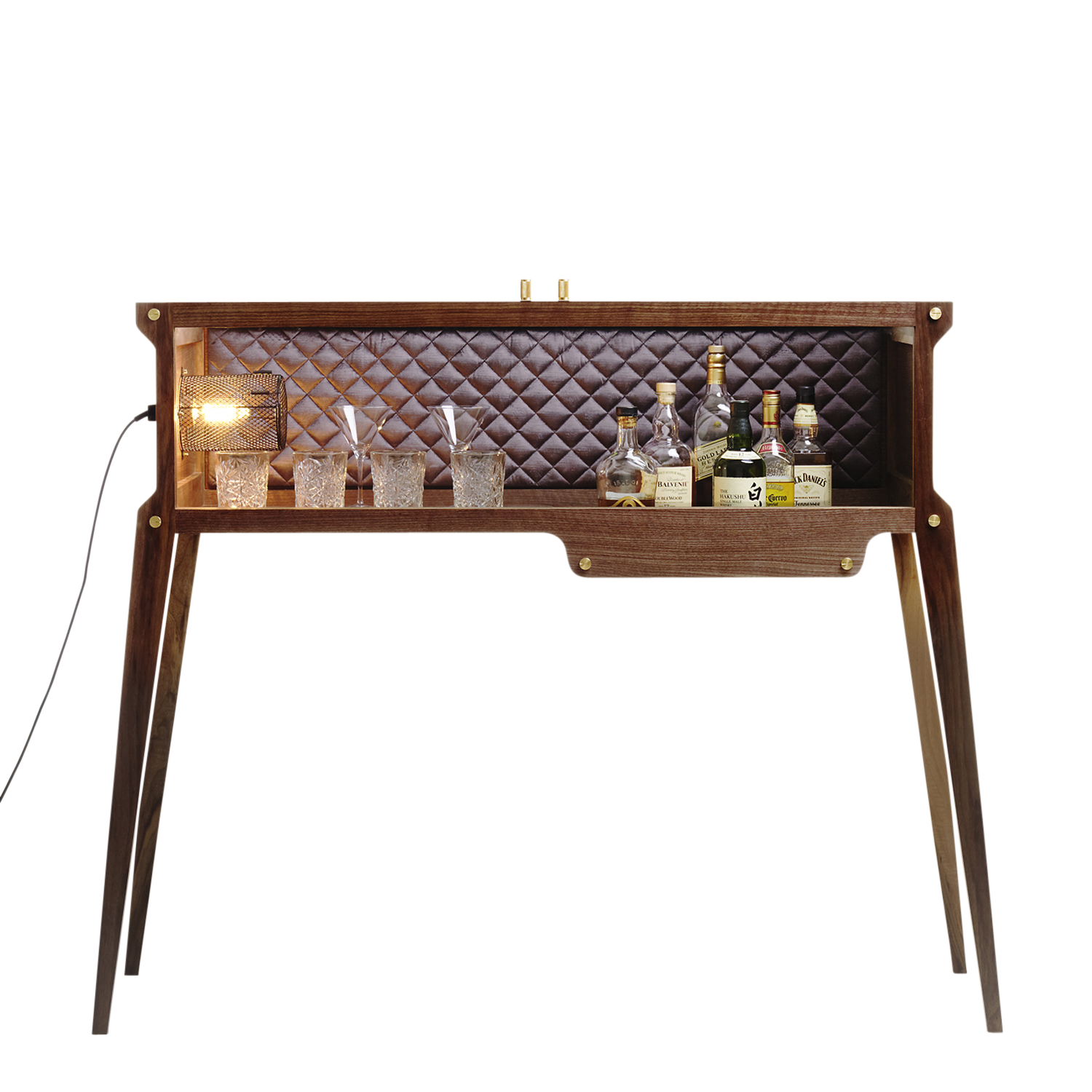 Aflang bar i valnød med integreret lyskilde og en bagside polstret med silke.