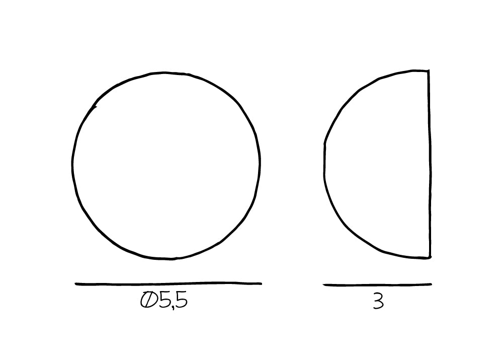 Produkt tegning af knopperne, som måler 5,5 cm i diameter og 3 cm i dybden.