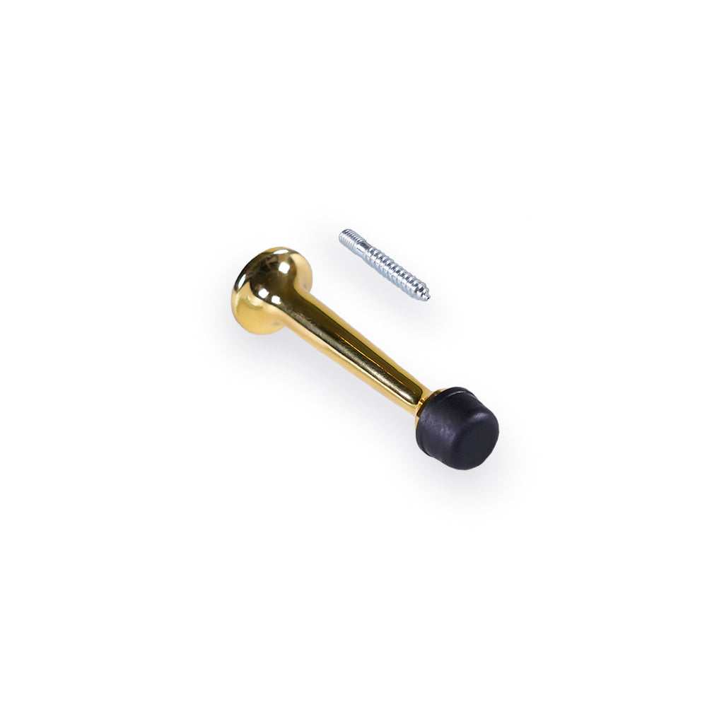 Dørstopper: Dørstopper i massiv messing med lak og hætte i sort plast. 78 mm.