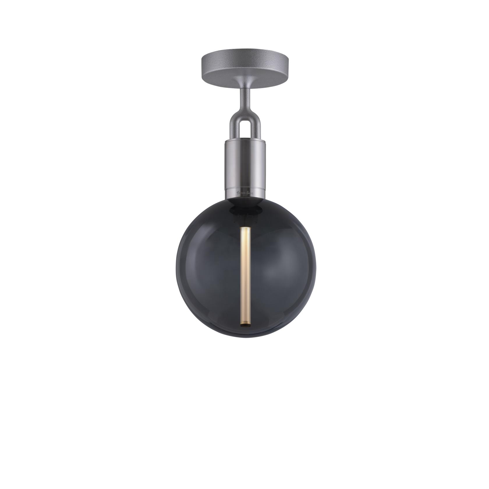 Loftlampe med rund skærm af røgfarvet glas og fatning i stål, på hvid baggrund.