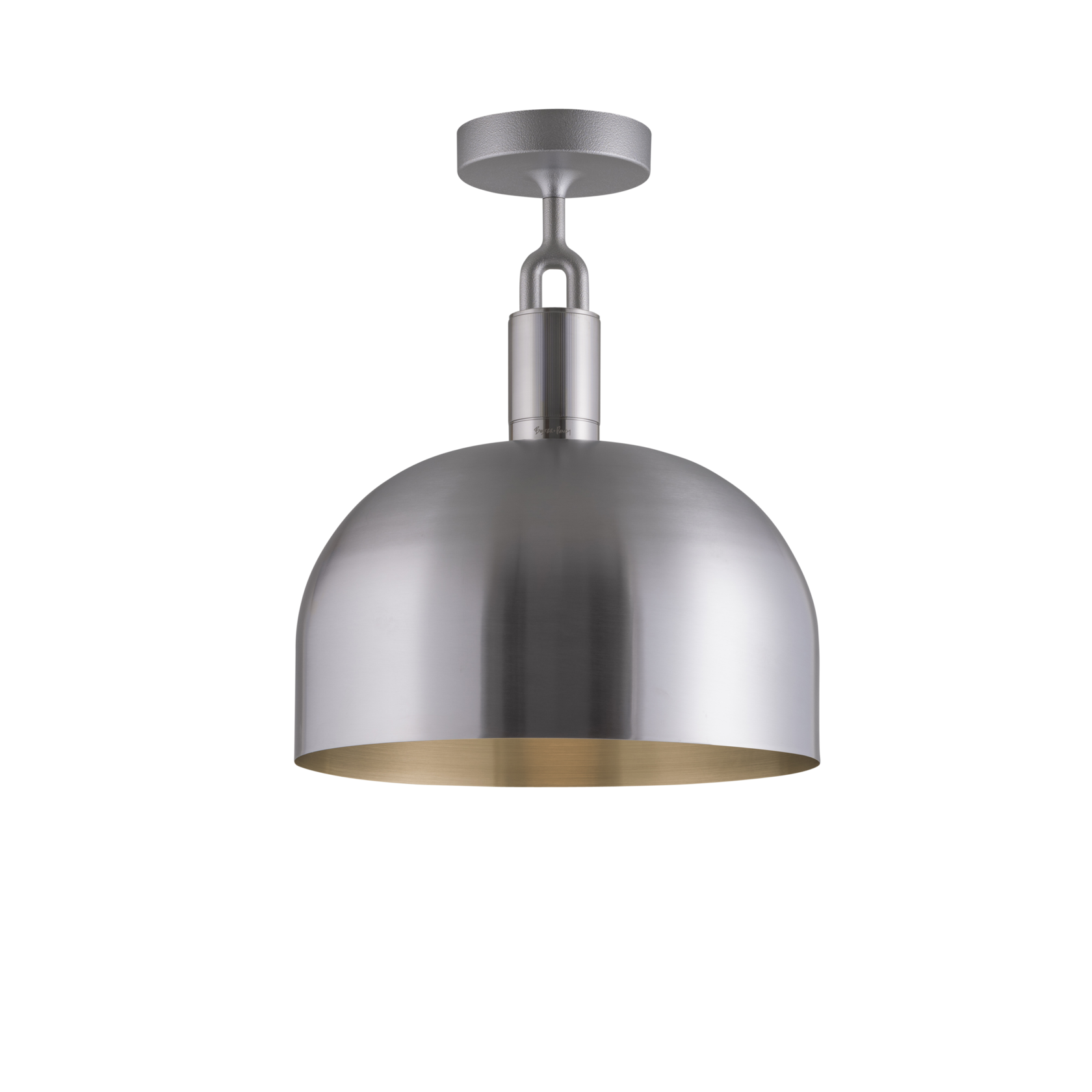Loftlampe med fatning og skærm af stål, på hvid baggrund.
