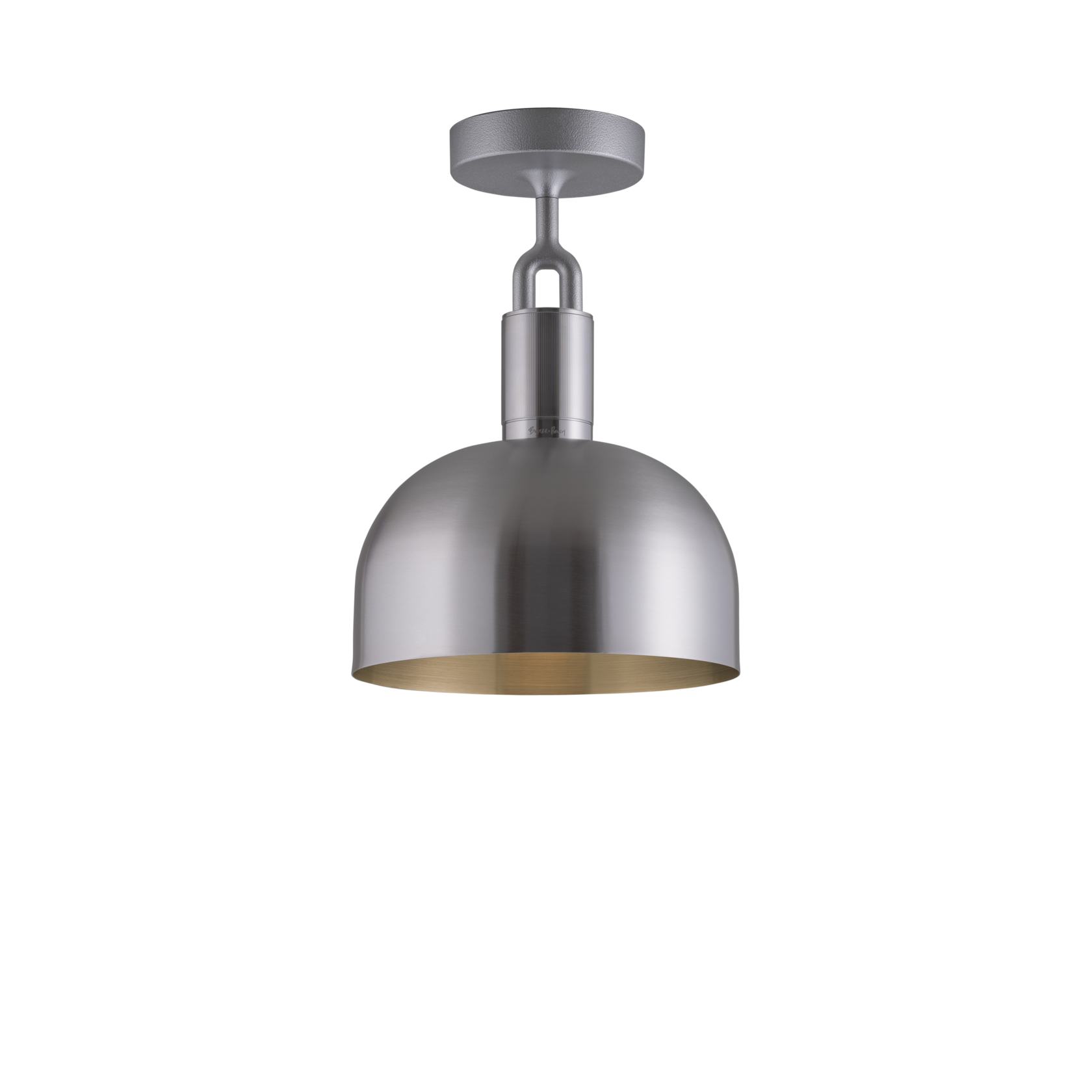 Loftlampe med skærm og fatning af stål, på hvid baggrund.