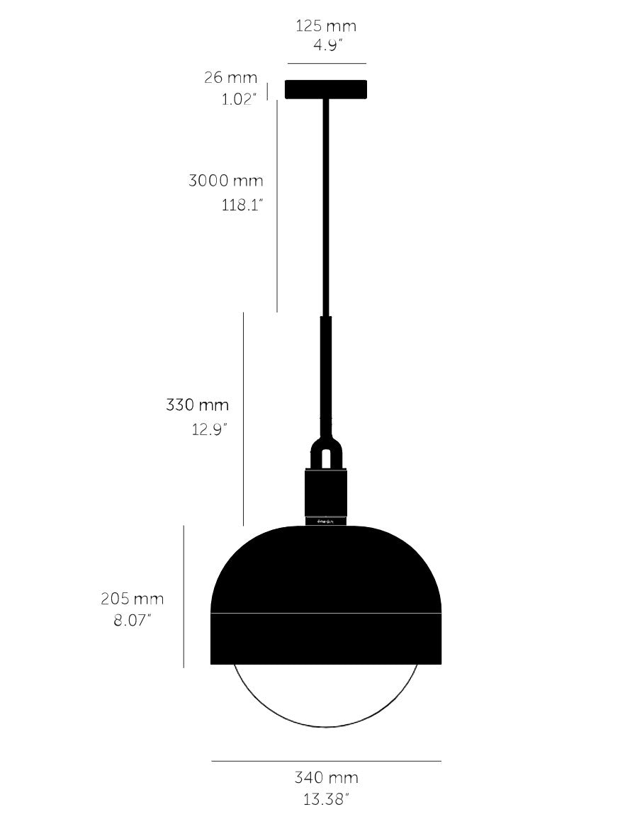Stregtegning af pendel, med mål
