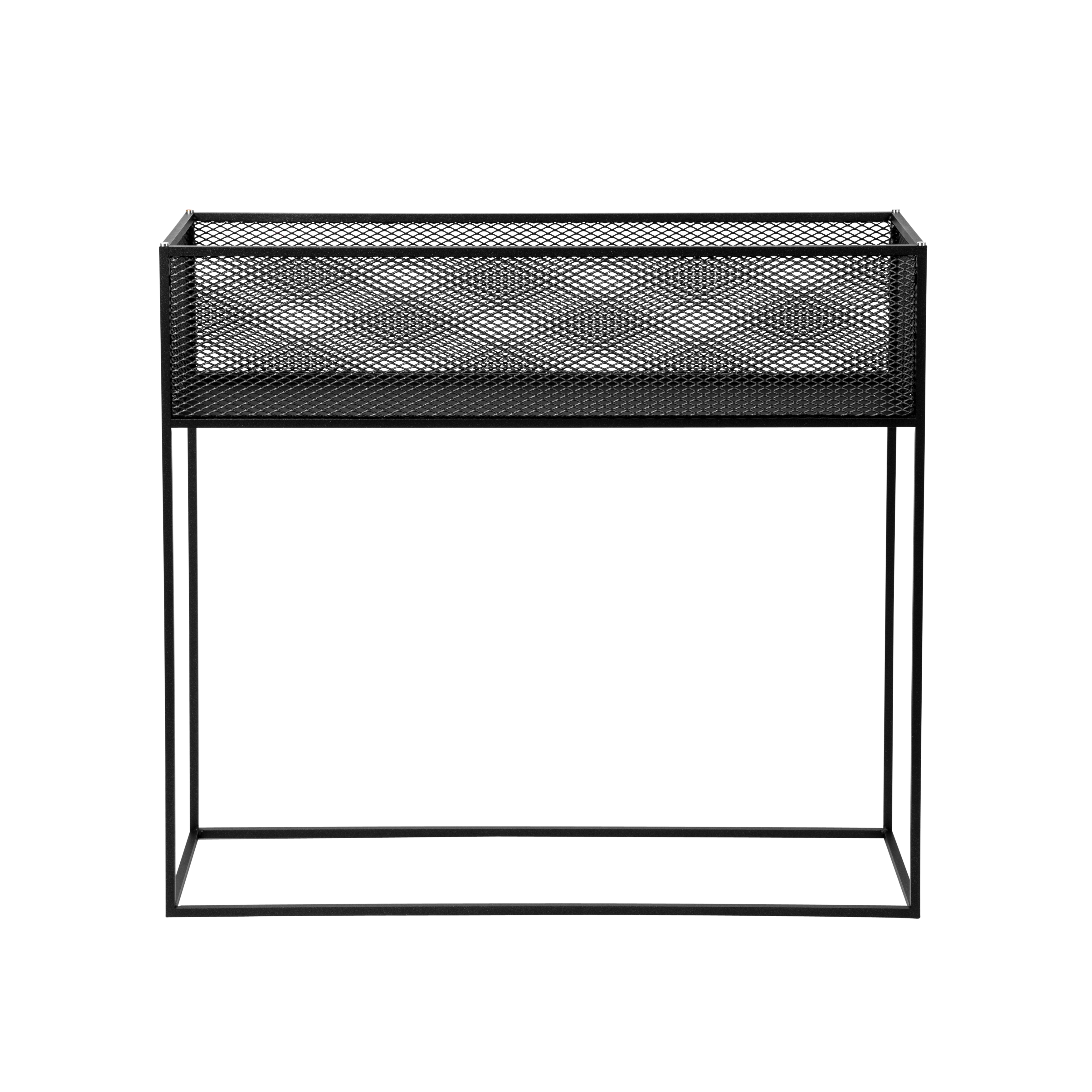 Firkantet og sort plantekasse i stålramme med meshed/hullet design på siderne. Der medfølger detaljer/skruer i både stål og messing.