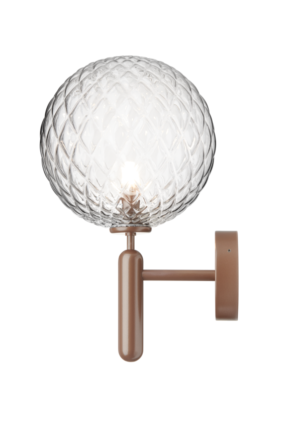 Væglampe med rund skærm af klart optikglas og bruneret stel, på hvid baggrund