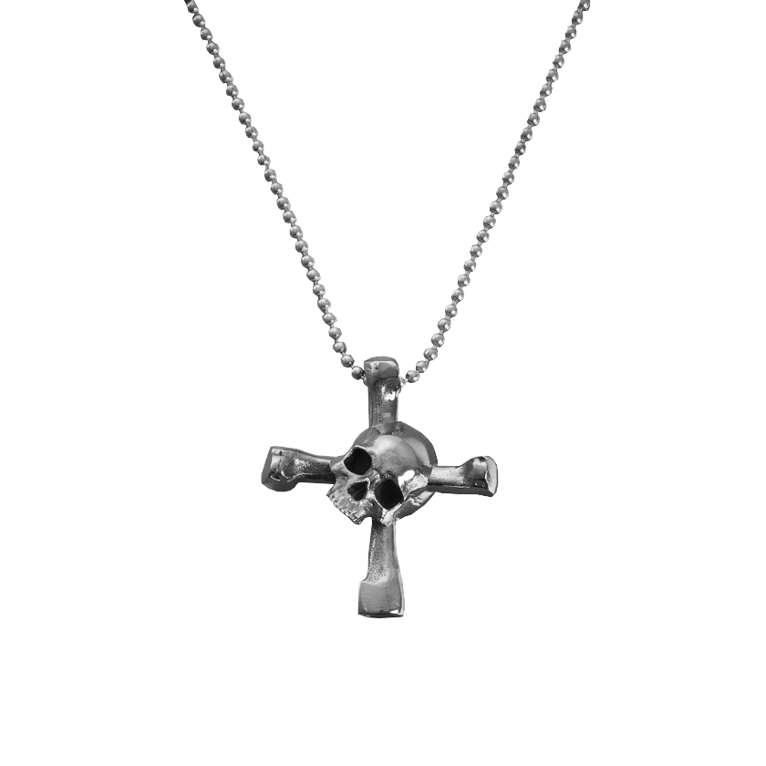 Halskæde med et vedhæng i form af et dødningehoved, som samtidig er en drum key, i stål.