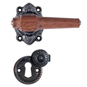 Svanemølle Türgriff aus Edelholz mit Rosette und Schlüsselrosette aus schwarz oxidiertem Messing