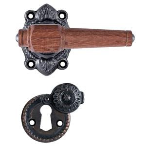 Svanemølle Türgriff aus Mahagoni mit Rosette und Schlüsselrosette mit Klappe, schwarz oxidiert