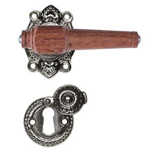 Svanemølle Türgriff aus Mahagoni mit Rosette und Schlüsselrosette mit Klappe in Chrom