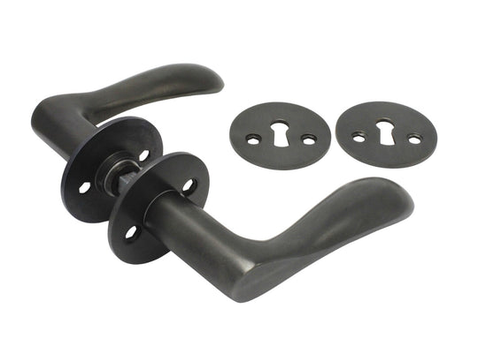Bellevue Türgriff-Set, brüniertes Messing, mit Rosetten und Schlüsselrosetten, 30 mm Lochabstand