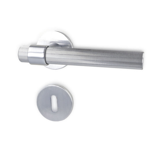 Dørhåndtag Justa i rustfrit stål look inkl. roset og nøgleskilt