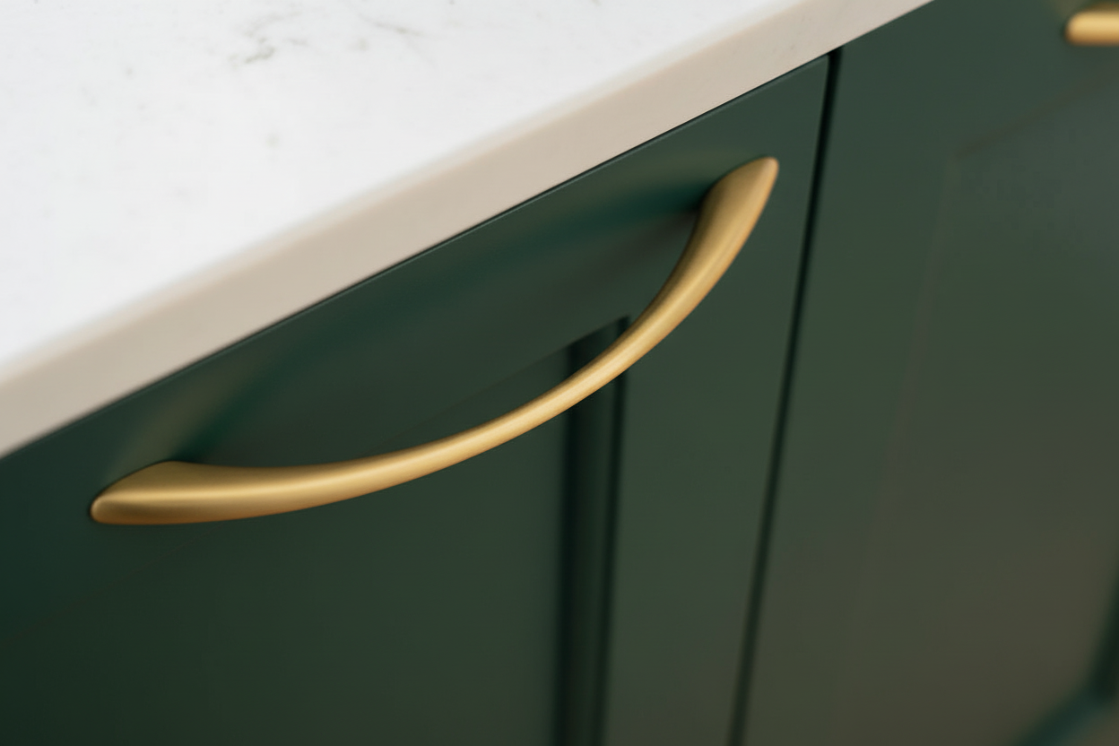 Aalborg - Gebogener Küchengriff in gebürsteter Messingoptik