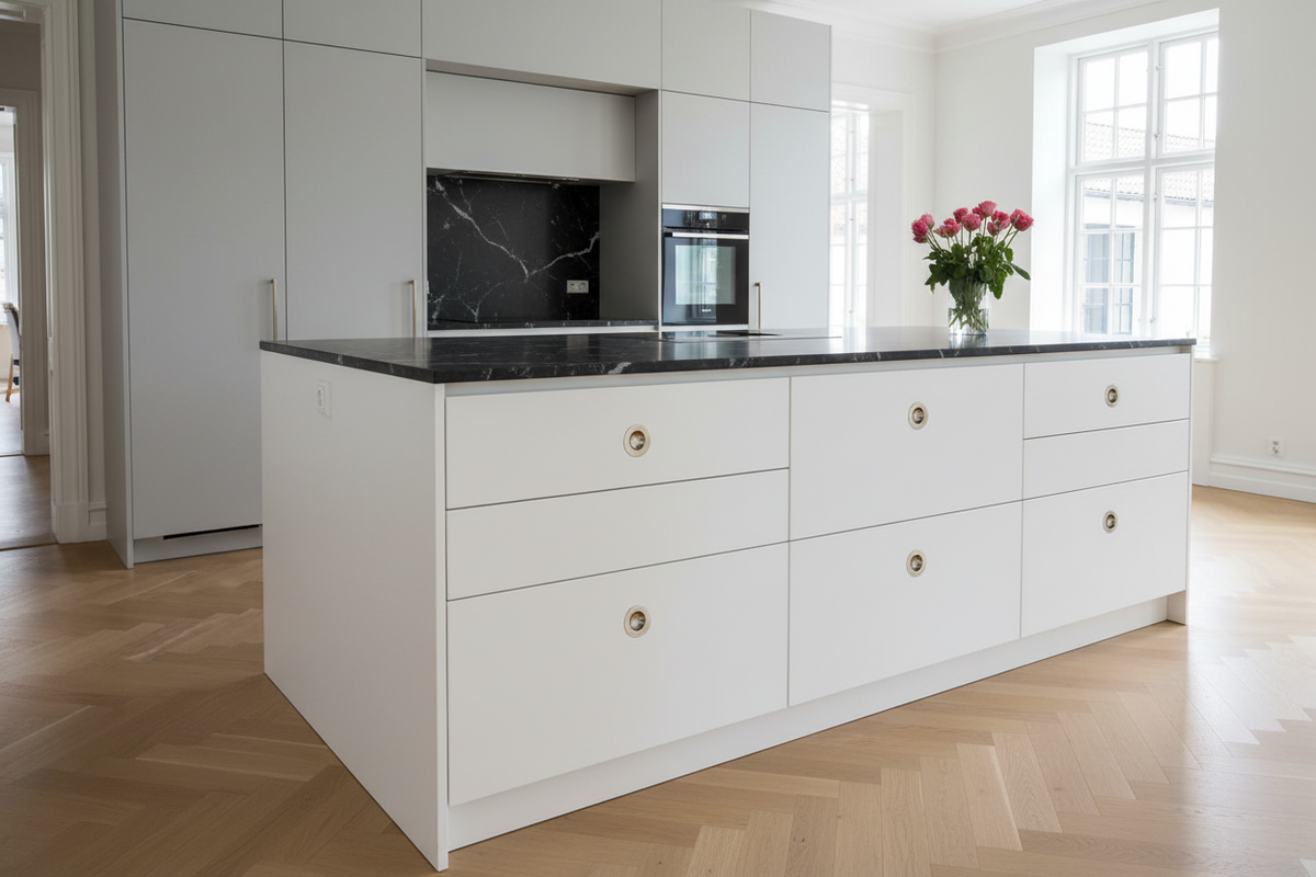 Sønderborg • Skålgreb i børstet rustfrit stål og bakelit i Ø55/60 mm - Copenhagenhomedesign