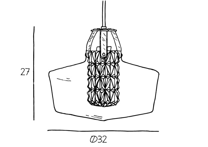 Produkt tegning af lampe som måler 27 cm i højden og en diameter på 32 cm.