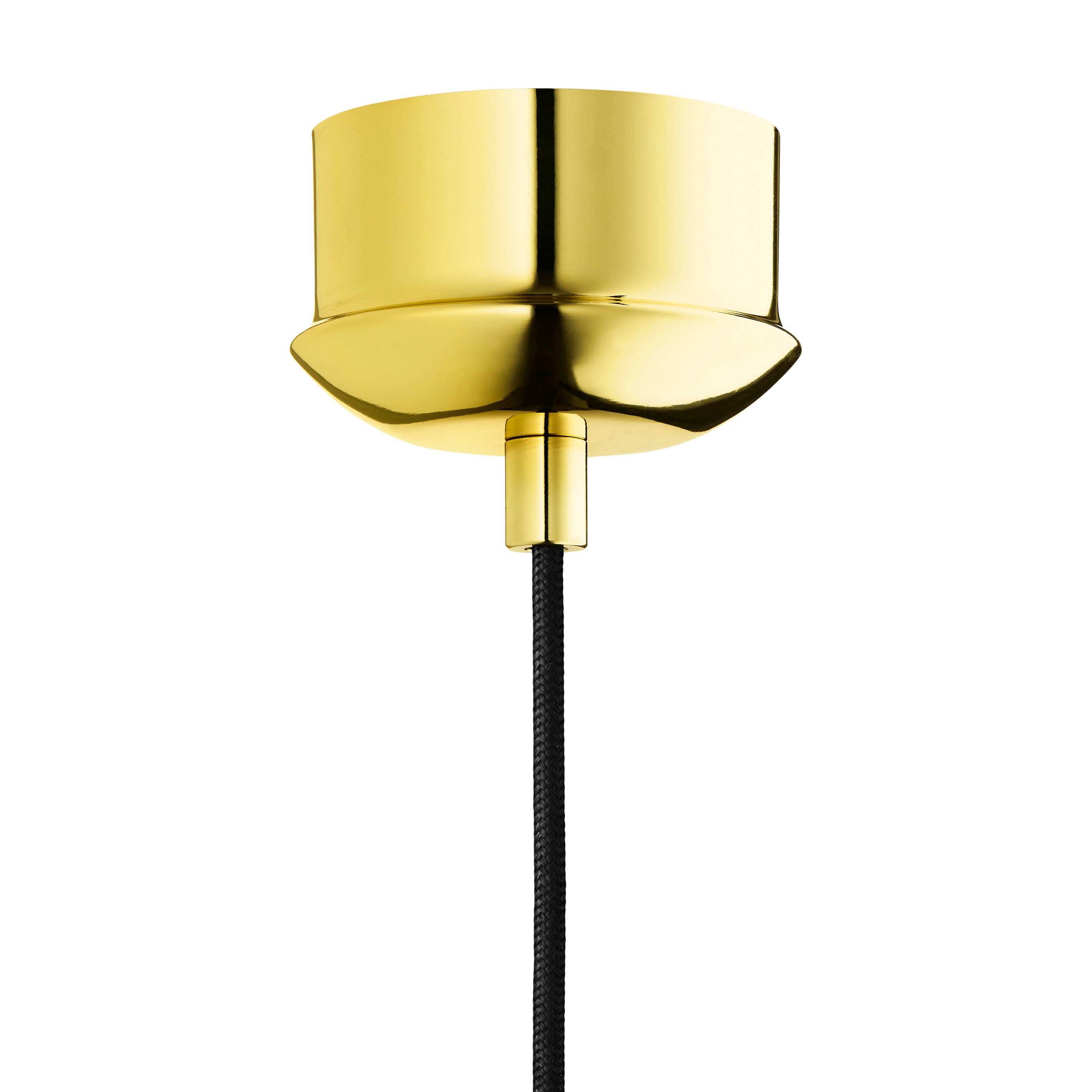 Rund lampe i rosafarvet glas med et afskåret stykke med guldkant. Fatning er guldfarvet og ledningen er af sort stof.