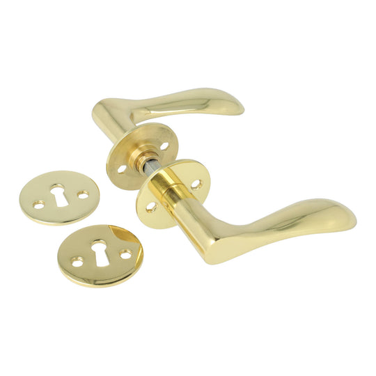 Bellevue dørhåndtag i blank messing med lak inkl. roset og nøgleskilt c/c 30 mm