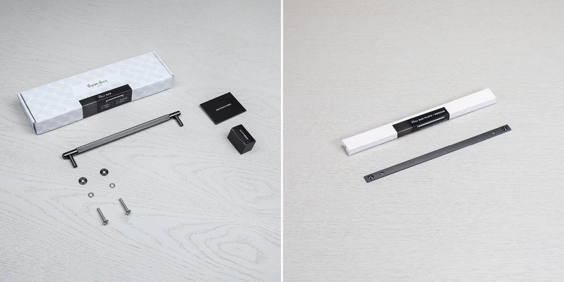 Køkkengreb til køkkenfronter fra Buster + Punch i rustfri stål med en gun metal overflade, bagplade og linjeret mønster.