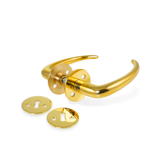 Coupé dørhåndtag i blank messing uden lak inkl. roset og nøgleskilt c/c 30 mm