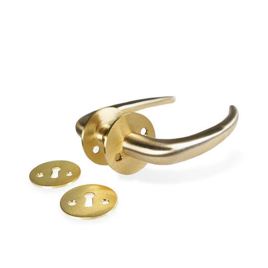 Coupé dørhåndtag i børstet messing uden lak inkl. roset og nøgleskilt c/c 30 mm