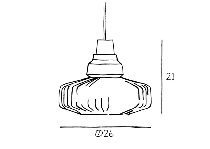 Produkt tegning af pendel lampe i klar glas med bølger og en sort fatning samt stofledning.