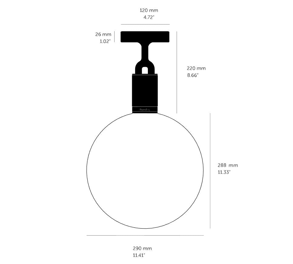 Stregtegning af loftlampe, med mål.