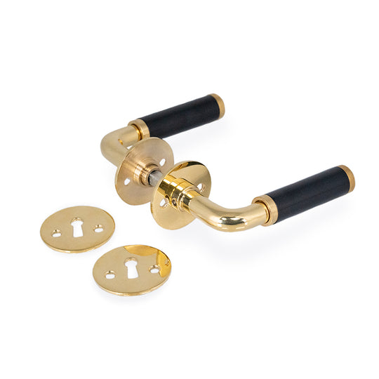 Funkis Espergærde dørhåndtag i blank messing og sort bakelit inkl. roset og nøgleskilt