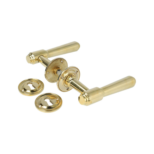 Hornbæk dørhåndtag i blank messing inkl. roset og nøgleskilt (stor model)