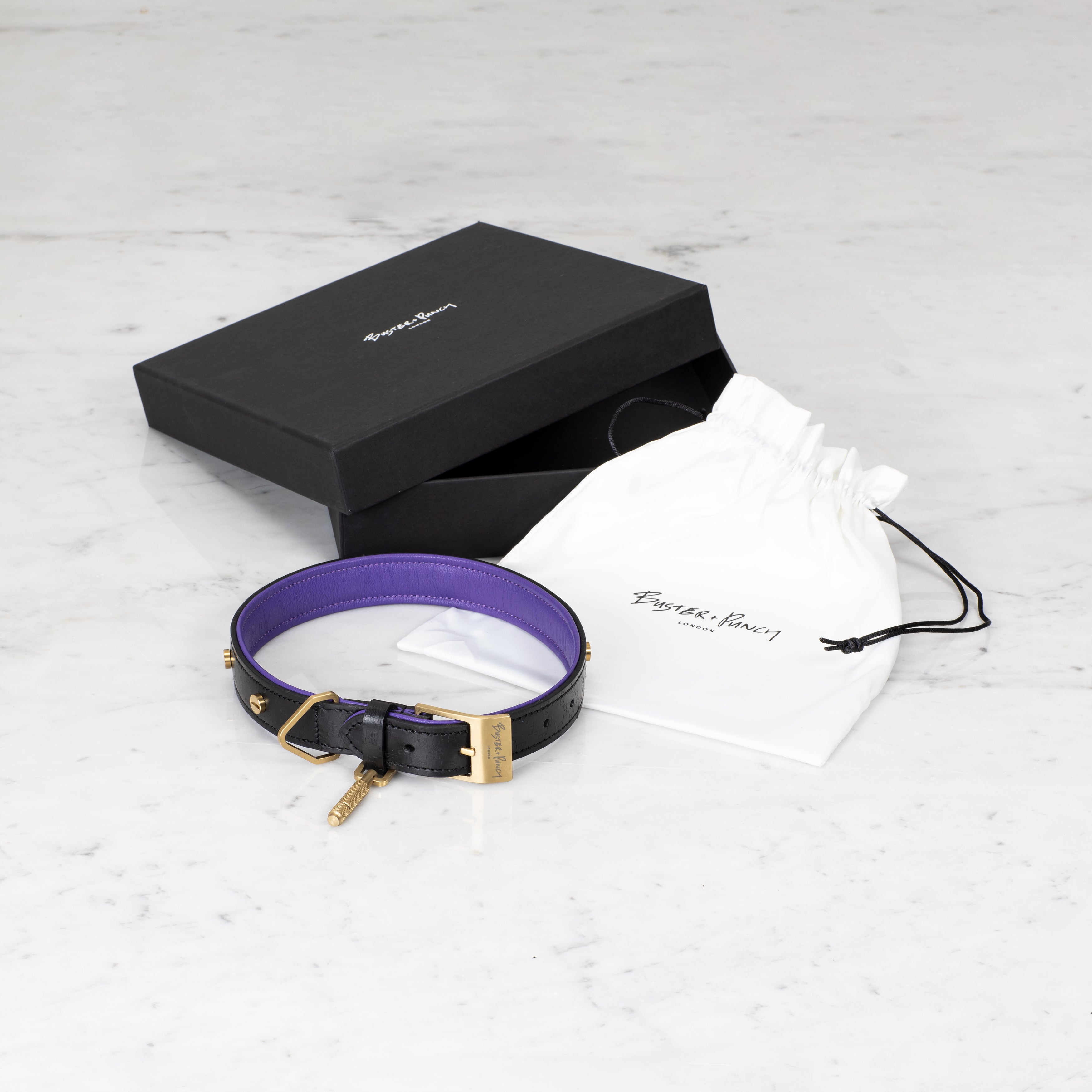 Æske indeholdende hundehalsbånd i sort og lilla læder med detaljer i messing, på hvid baggrund.