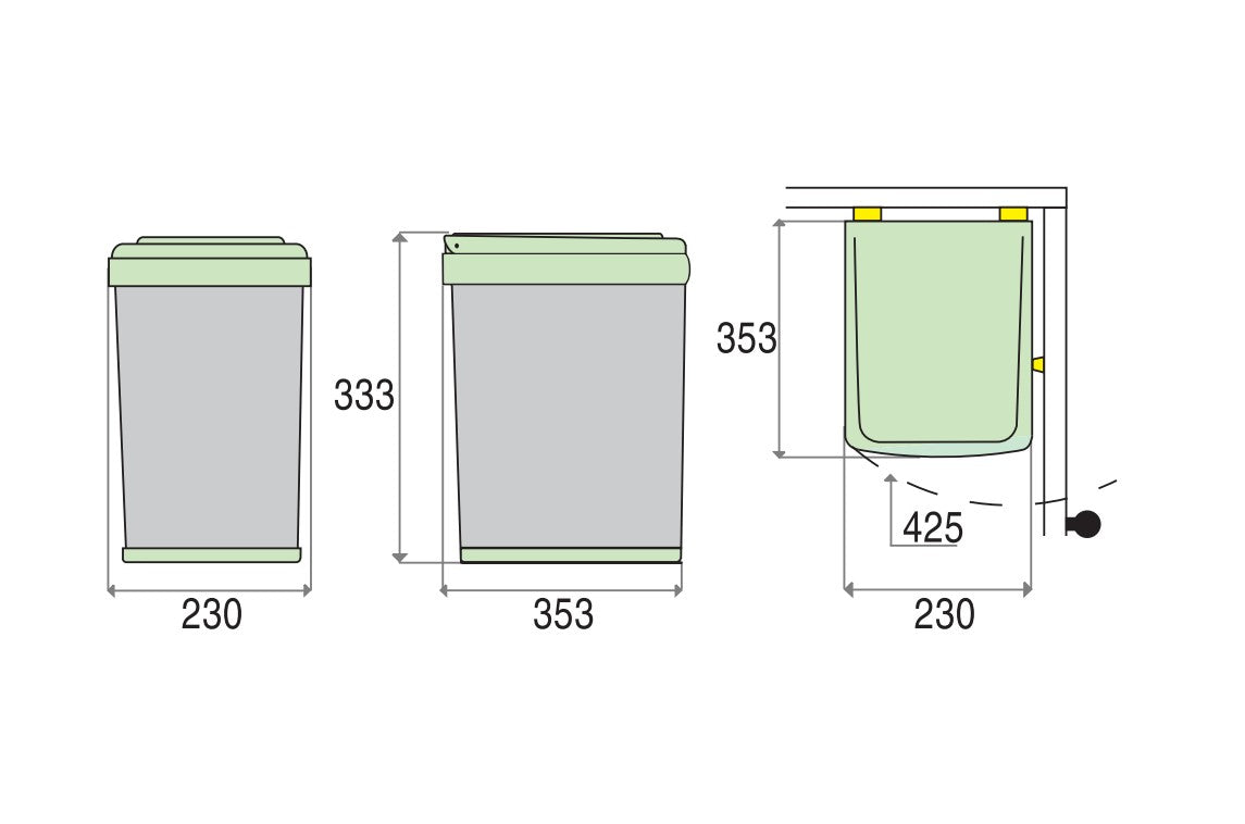 Her ses produkt tegningen af affaldssystemet, som måler 230 mm i bredden, 353 mm i dybden og 333 mm i højden.