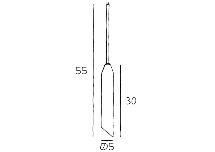 Produkt tegning af pendel lampe. Højde uden ledning 55 cm, marmor højde 30 cm, diameter 5 cm.