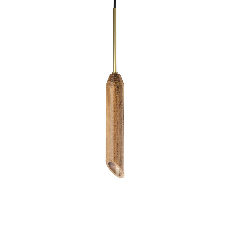 Pendel lampe i gyldent marmor med diagonalt snit og med guldfarvet detaljer. Lampen har en sort stofledning.