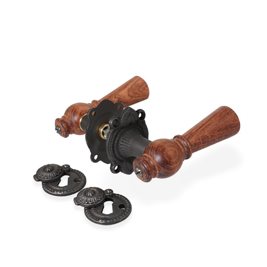 Østerbro dørhåndtag i mahogni inkl. roset og nøgleskilt i sort oxideret messing