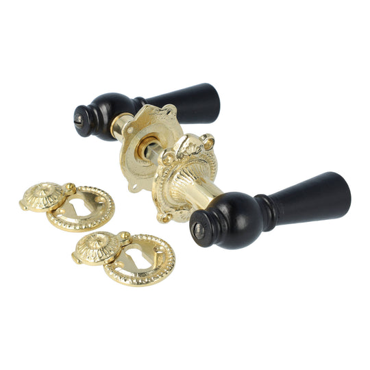 Østerbro dørhåndtag i sort træ inkl. roset og nøgleskilt med klap i blank messing med lak