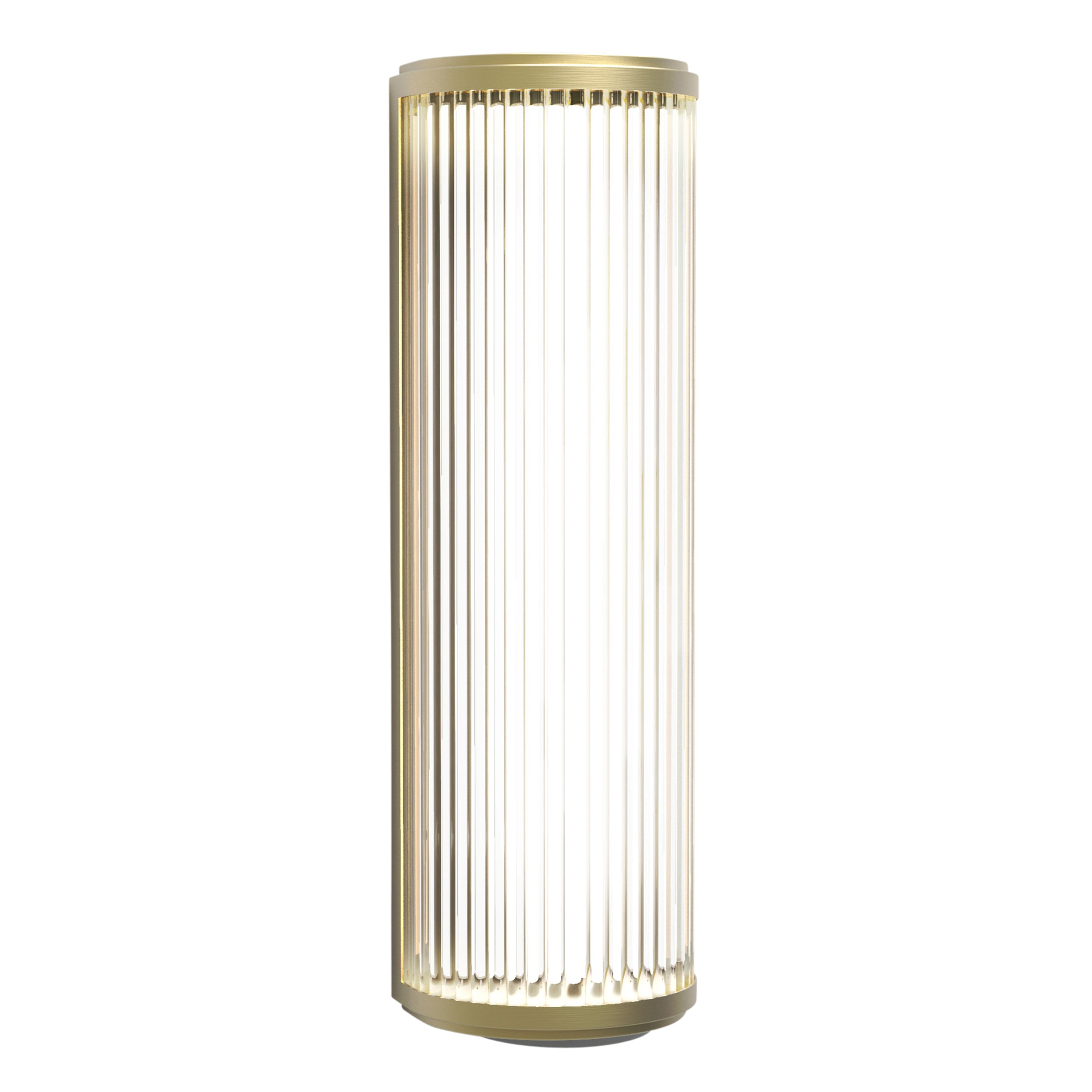 Aflang væglampe med top, bund og bagside i guldfarvet stål samt en buet glasskærm med linjer.